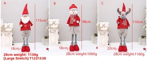 Detailed size specifications for telescoping Santa, Snowman, and Reindeer plush dolls