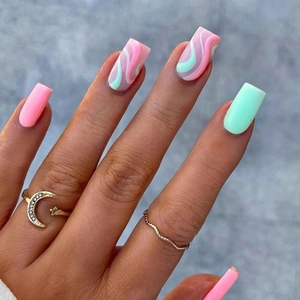 Pink And Mint Green Wavy Press On Nails Square Dopamine Style False Nails Chic Manicure Artistic Elegant Fingernails