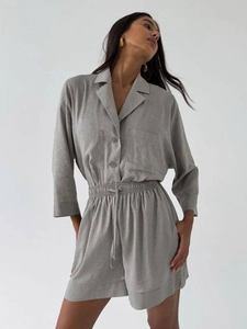 Women's summer grey linen set featuring lapel shirt with pockets and drawstring shorts