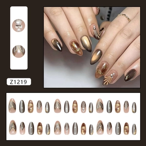 Cat eye pearl press-on nails with golden foil and amber shimmer finish, 24pcs set