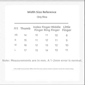 Size guide table for long stiletto press-on nails showing measurements for sizes XS to L