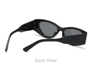 Detail view of thick black cat-eye sunglasses frames and inner temple specifications