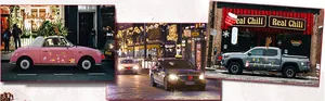 Car reindeer kit with plush red nose, antlers and festive stickers on various vehicles