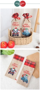 Linen Christmas gift bag with Santa illustration and festive red ribbon drawstring