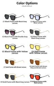 Detailed grid of vintage square sunglasses in ten assorted frame and lens color options