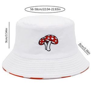 Detail view of mushroom bucket hat showing dimensions: 56-58cm head girth and 6cm brim