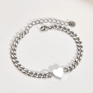 Adjustable silver stainless steel chunky chain bracelet featuring a polished heart pendant