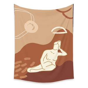 Detail of bohemian tapestry featuring abstract female profile with warm earthy tones