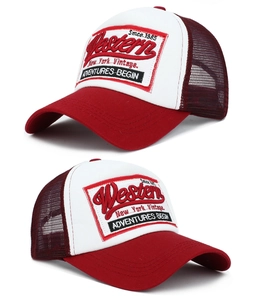 Detail of Western New York Vintage embroidery on a breathable mesh trucker baseball cap