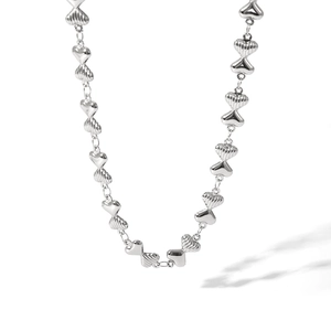 Silver stainless steel heart link necklace with textured and polished finish in U-shape