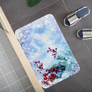 Detailed top view of a winter snow scene flannel mat with red berries and pine needles