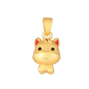 Golden zodiac horse pendant with cartoon design and red accents in sand gold finish