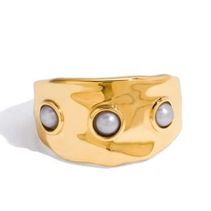 Elegant 18K gold plated wide band ring with three gray pearls and textured finish