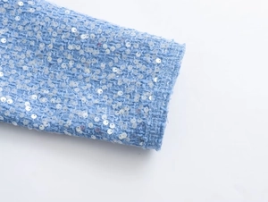 Detailed macro view of light blue tweed sleeve featuring shimmering sequins and texture