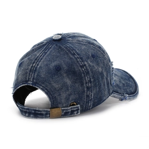 Deep blue distressed denim baseball cap with vintage wash and adjustable metal buckle back