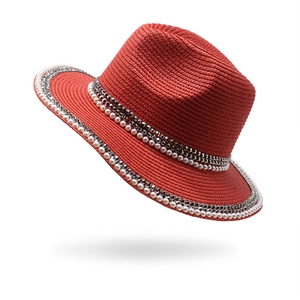 Fedora Straw Hat Women Wide Brim Sun Protection Summer Beach Travel With Faux Artificial Pearl Rhinestone Inlaid Elegant Jazz Style