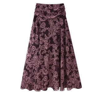 Deep purple paisley print maxi skirt with high waist pleated design on white background