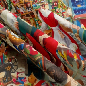 Detailaufnahme von Weihnachtswandteppich-Stoff mit Textur und Retro-Druckmotiven