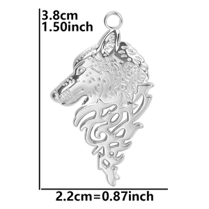 Wolf head pendant dimensions showing 3.8cm height and 2.2cm width in polished silver