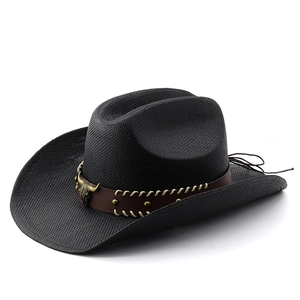 Black straw cowboy hat with bull head emblem and metal studs, summer sun protection