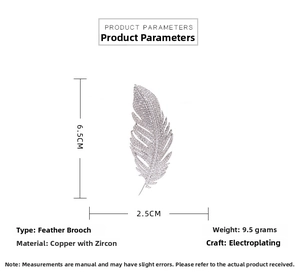 Detailed view of silver feather brooch showing dimensions 6.5cm by 2.5cm and cubic zirconia