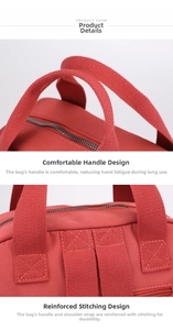 Macro shot of red nylon backpack with reinforced woven handles and precise stitching details