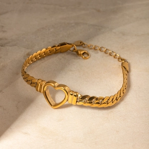 Chic 14K gold plated stainless steel flat snake chain bracelet with hollow heart pendant