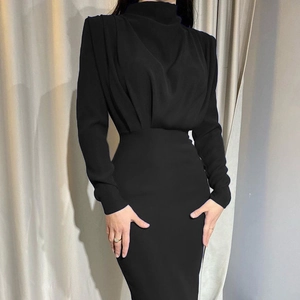 Front detail of black slim fit long sleeve dress with high neck and waist ruching