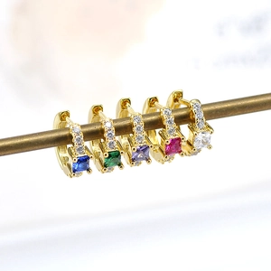S925 silver square zircon hoop earrings in blue green purple pink and clear stones