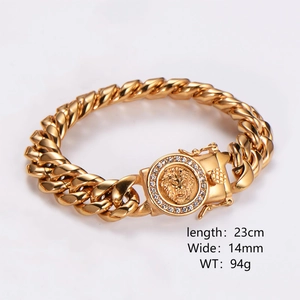 Gold cuban link bracelet with rhinestone lion head and specs: 23cm length, 14mm width