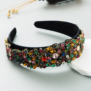 Baroque wide headband featuring colorful rhinestones on black fabric base