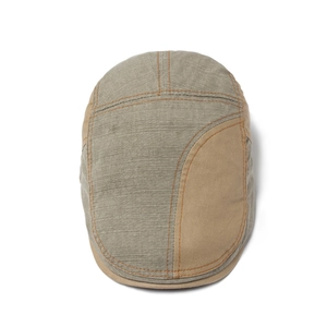 Two-tone patchwork cotton flat cap in light grey and khaki with orange stitching