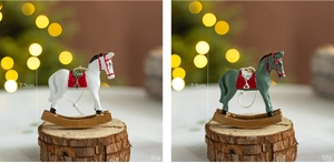 Détails des ornements de cheval à bascule en résine peinte avec dimensions et poids