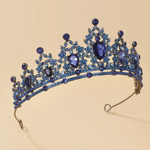 Detailed view of Baroque bridal tiara with blue water-drop crystals and rhinestones