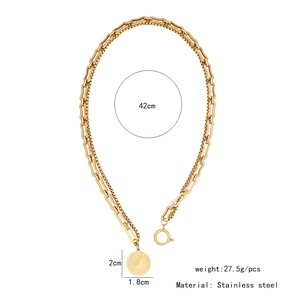 Detail showing coin pendant dimensions 2cm x 1.8cm on a gold stainless steel chain