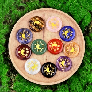 Natural Gemstone Crystal Round Disc Engraved Golden Yin Yang Tai Chi Bagua Symbols Healing Meditation Pocket Stone