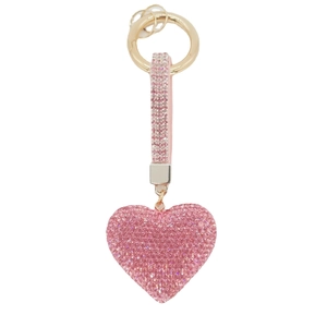 Pink heart rhinestone keychain and bag charm with golden metal ring and strap
