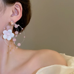 Detailed view of pink beaded floral hoop earrings with elegant metal ring accents