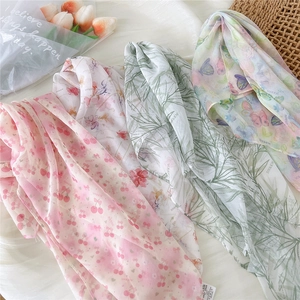 Breathable sheer chiffon square scarf for women featuring elegant floral and cherry prints