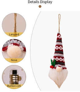 Detail display of Christmas gnome pendant with lanyard, nose, and button cell battery