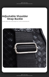 Detailed close-up of woven leather sling bag with silver metal buckle and strap
