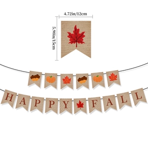 Detail view of Happy Fall burlap banner showing 12x15cm pumpkin and maple leaf flags