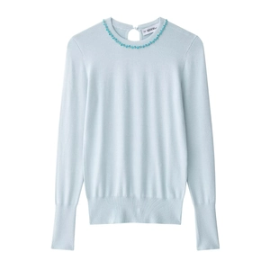 Beaded Collar Knit Sweater Top Long Sleeve Keyhole Back Solid Pullover Elegant Women Clothing