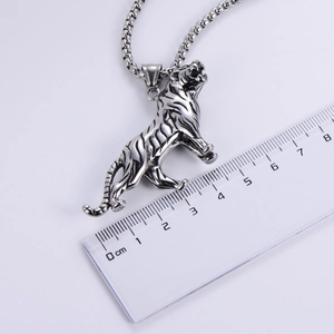 Wild tiger head stainless steel pendant with retro finish and size reference