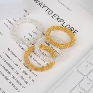 Set of 4 gold and silver metal spring finger massage rings on an office desk surface