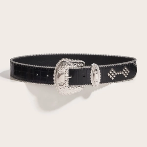Western cowboy belt with crocodile embossed leather and vintage silver floral buckle