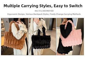 Vertical striped plush tote bag detail in brown, black, and pink colors for winter