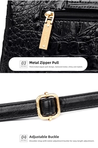 Detail of durable gold-tone hardware and adjustable buckle on black crocodile tote bag