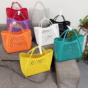 Detailed collection of colorful hollow jelly beach bags in seven vibrant assorted colors