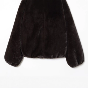 Women's dark brown faux fur jacket with round neck and ribbed hem for autumn winter